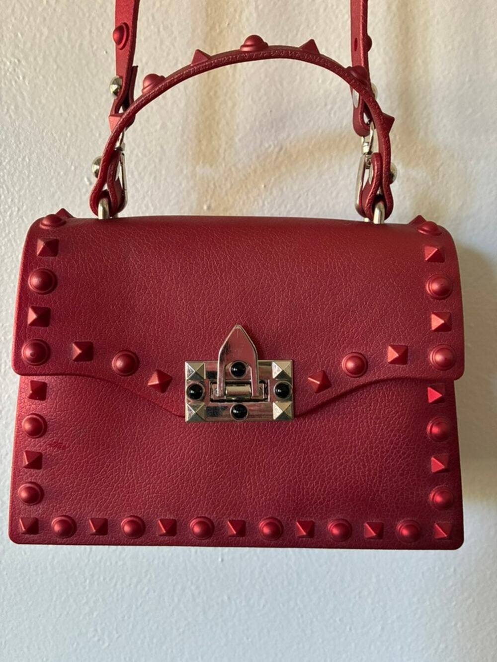 Red Studded Jelly Handbag Crossbody Purse Top Handle Mini Satchel Punk Goth Y2K